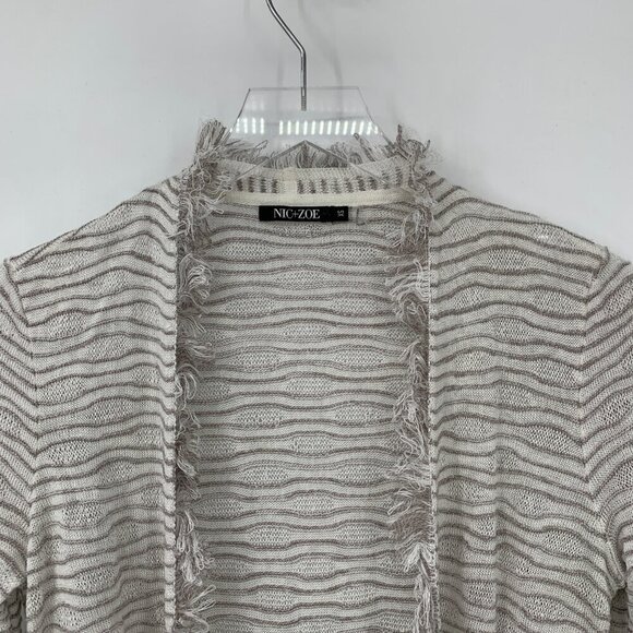 NIC+ZOE Open front cardigan sweater textured fringe gray white stripe linen XS - Picture 2 of 5